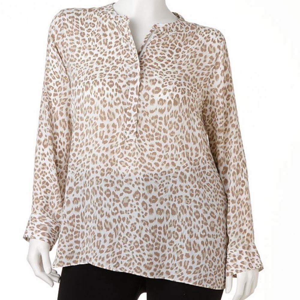 Apt 9 High Low Long Sleeve Animal Print Blouse 1/2 Zip Women's XL White Brown